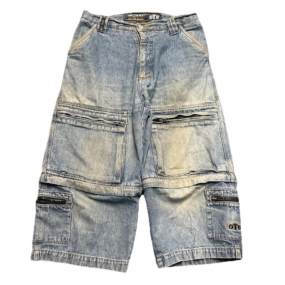OTB Only The Best On The Brink Vintage Baggy Denim Cargo Shorts Light Wash 30